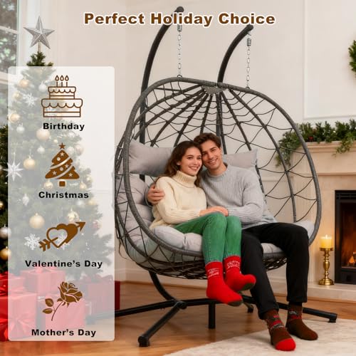 ZOMEYLPO Double Hanging Egg Chair, Hammock Chair with Stand, Swing Chairs with Cushion 700 LBS Capacity for Indoor, Bedroom, Outdoor, Porch, Patio, Beige ZOMEYLPO