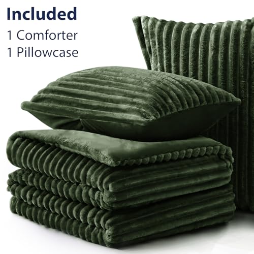 EXQ Home Fluffy Comforter Set Twin Size - Super Soft Faux Fur Stripe Jacquard Comforter 3 Pieces, Olive Green Fleece Bedding Set,Winter Warm Bed Set,1 Comforter with 1 Pillowcase EXQ Home