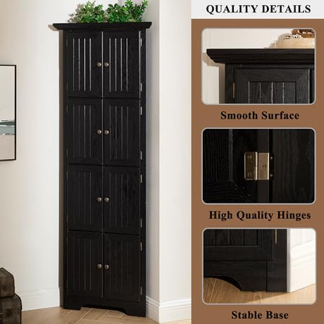 TRJQBCC 72" H Farmhouse Corner Storage Cabinet with 8 Doors & 4 Shelves, 4 Tier Kitchen Corner Pantry Cabinet Wooden Organizer Case Bookshelf, Home Space Saver Cabinet for Kitchen,Living Room(Black) TRJQBCC