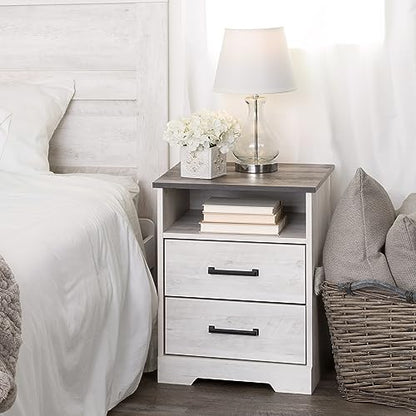 Prepac Rustic Ridge Farmhouse Nightstand with 2 Drawers and an Open Cubby, Wooden Bedside Table for Bedroom, Office, or Living Room, 16.25in x 18.75in x 24.5in, Washed White - WoodArtSupply