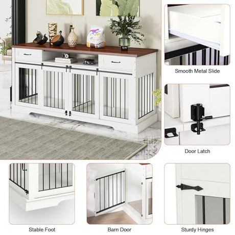 Livofloral 71”Double Dog Crate Furniture for 2 Dogs, Heavy Duty Dogs Kennel Furniture with Removable Divider & Drawers, End Table Dog Crate with Sliding Barn Doors, Extra Large TV Stand, White Brown Livofloral