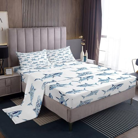 Erosebridal Shark Sheet Set King Ocean Life Bed Sheets Set for Child Boys Blue Watercolor Hand Drawn Cartoon Sharks Sheets Underwater Sea Wild Animals Fish Room Decor Marine Life Top Sheet Erosebridal