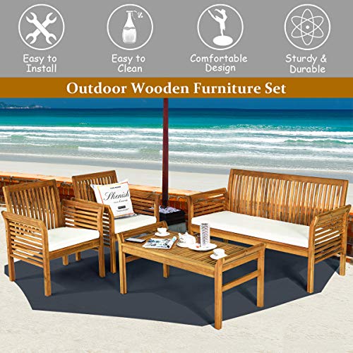 Tangkula 4 Piece Outdoor Acacia Wood Sofa Set with Water Resistant Cushions, Padded Patio Conversation Table Chair Set w/Coffee Table for Garden, Backyard, Poolside (1) - WoodArtSupply