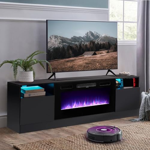 Breezestival Fireplace TV Stand with Two Hinged Doors for TVs UP to 80", Modern Electric Fireplace Entertainment Center with LED Lights & Storage Cabinets, TV Stand for Living Room 70" Black 21007BK Breezestival