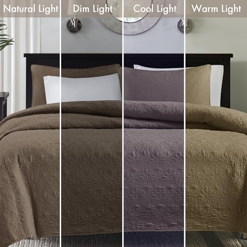 Madison Park Quebec Quilt Set - Luxurious Damask Stitching Design, Cotton Filled Lightweight Coverlet Bedspread Bedding, Shams, Full/Queen(90"x90"), Mocha 3 Piece Madison Park