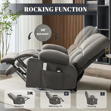 Reedvales Oversized Recliner Chairs for Adults, 270° Swivel Rocker Recliner with Heat and Massage Lazy Boy Recliner, Recliner Chairs Single Sofa Seat with Cup Holders (Grey, Electric) Reedvales
