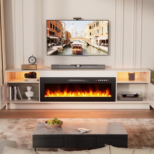EAG 80" Electric Fireplace TV Stand with 42 inch Fireplace Up to 90" TVs, Entertainment Center with with Storage Cabinet & LED Lights, Modern Media Console for Living Room, White EAG