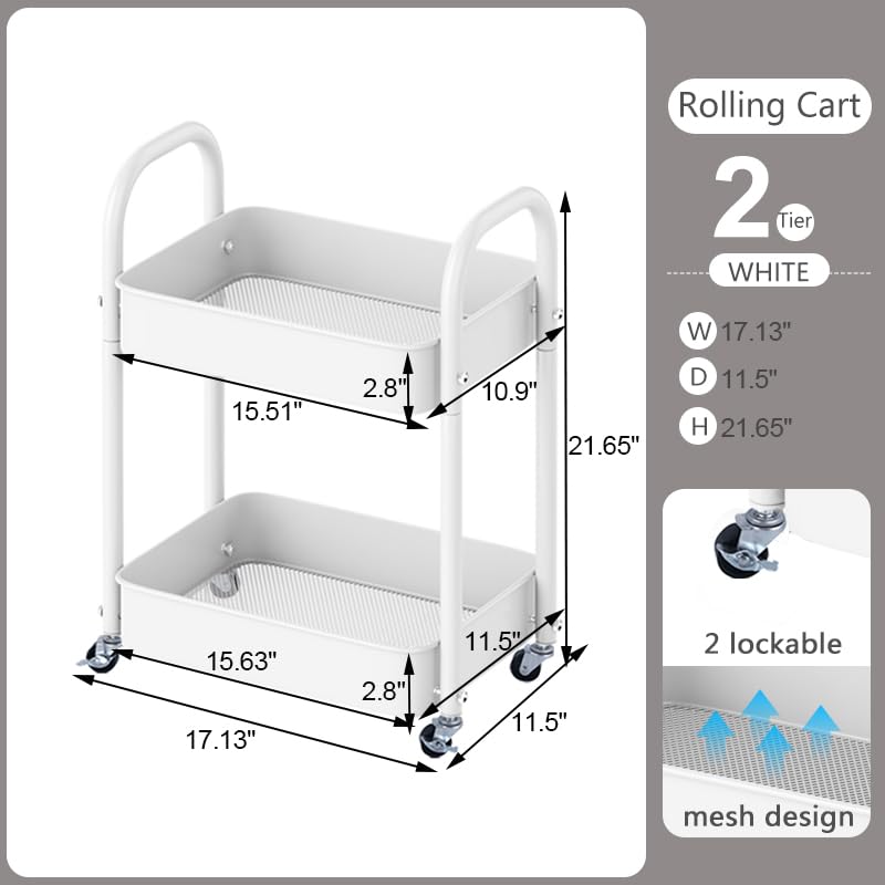 2 Tier All-Metal Rolling Cart, Rolling Storage Cart with Handle and Locking Wheels Kitchen Cart Laundry Office Bathroom Storage Organizer Cart, White Melody House