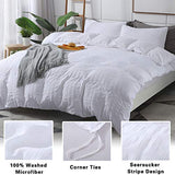 AveLom White Duvet Cover Queen (90 x 90 Inches)， 3 Pieces (1 Duvet Cover + 2 Pillow Cases) Stripe Zipper Closure Corner Ties Soft Washed Microfiber Duvet Cover for Men, Women AveLom