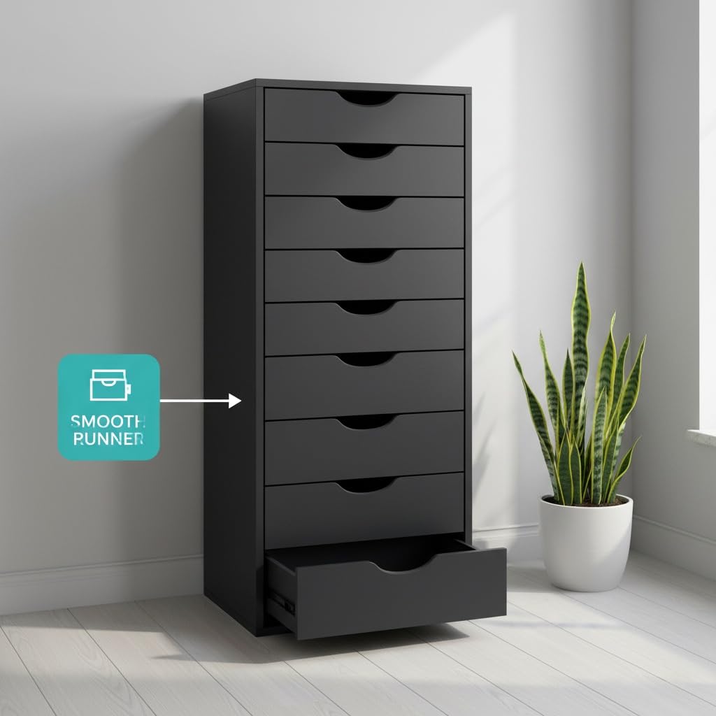 Slim Tall 9-Drawer File Cabinet for Small Offices – Narrow Office Storage Cabinet for Home Office, Modern Office File Cabinet Organizer for cosmetics, books. Naomi Home
