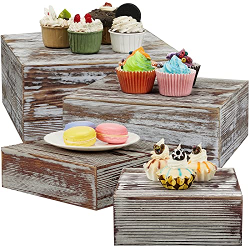 Juexica Set of 4 Wood Display Risers Rustic Cupcake Stand Wooden Stackable Display Box Wood Cake Stand for Dessert Wedding Birthday Baby Shower Party (Classic)