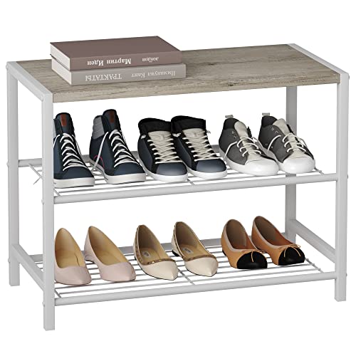 HOMEFORT 3-Tier Shoe Rack, Shoe Storage Shelf, Industrial Shoe Tower, Narrow Shoe Organizer for Closet Entryway, Small Shoe Rack Table with Durable Metal Shelves, White Oak HOMEFORT