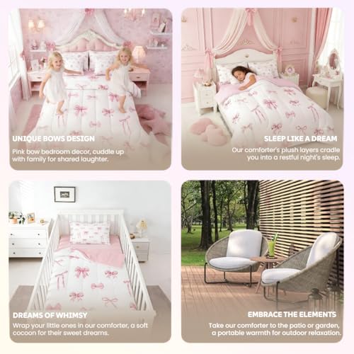 Erosebridal Pink Bow 7 Piece Comforter Set for Girls, Cute Bowknot Bedding Sets Bed in A Bag Twin Size Kawaii Ribbon Bow Sheet Set for Kids Boys Teens Women Bedroom Bow Knot Aesthetic Bed Sets Erosebridal