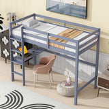 KEIKI Twin High Loft Bed, Rubber Wood Loft Bed with Safety Guardrail, Built-in Desk, Ladder,Grey KEIKI