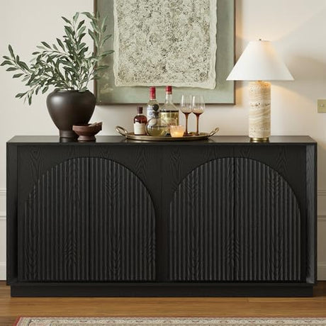 WIN2WIN 65" Fluted Sideboard Buffet Cabinet with Storage, Modern Credenza with Double-Layered Arch Doors, Wood TV Media Console Table Accent Cabinet for Living Room Dining Room Hallway Entryway, Black win2win