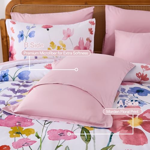 Annibedding Pink Floral Queen Comforter Set, 8 Piece Soft Microfiber Flower Bed in a Bag Bedding Set with Pillowcase and Sheets for All Season (90"x90") Anibedding