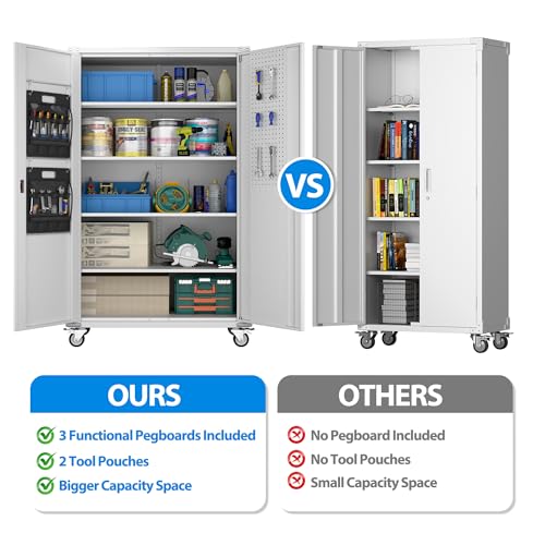 Upgraded Wide and Deep Garage Storage Cabinet with Wheels and Doors,Metal Storage Cabinet with Pegboards and 4 Adjustable Shelves for Garage Home Basement,Required Assembly,White,43.3"Wx21.9"Dx72"H Reemoon