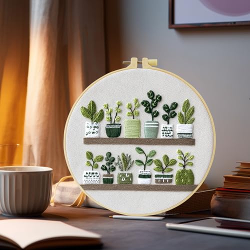Full Range Embroidery Kit for Adult, Green Plant Pattern Embroidery Kit for Beginners Include Embroidery Cloth Hoops Threads for Craft Lover Hand Stitch with Embroidery Skill Techniques,Home Decor
