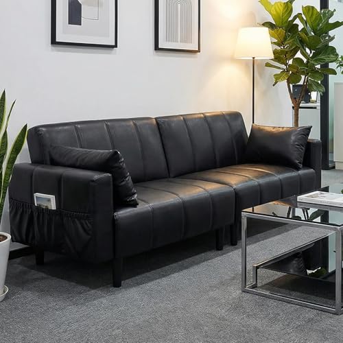 GULFXDS 83" Leather Couch for Living Room, Mid Century Modern 3 Seater Faux Leather Sofa, Comfy Convertible Futon Sofa with Adjustable Backrest for Office, Apartment (Black) GULFXDS