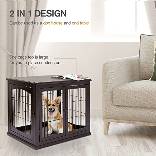 PawHut Dog Crate Furniture, Small Dog Cage End Table with Two Opening Sides, Lockable Door, Puppy Kennel Indoor, Cute and Decorative, Coffee - WoodArtSupply