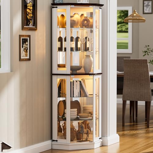 PAKASEPT 71'' Farmhouse Display Curio Cabinet with LED Lights,Tempered Glass Doors,6 Shelves,Floor Standing Display Cage Corner Wine Cabinet Storage Rack for Bar and Liquor Storage,White - WoodArtSupply