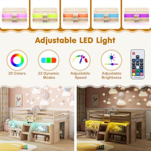 Giantex Low Loft Bed with LED Lights, Wooden Twin Loft Bed with Stairs & Safety Guardrail, Loft Bed Twin Size with Storage Bookcase and Under-Bed Play Space, Loft Bed for Kids (Natural) Giantex
