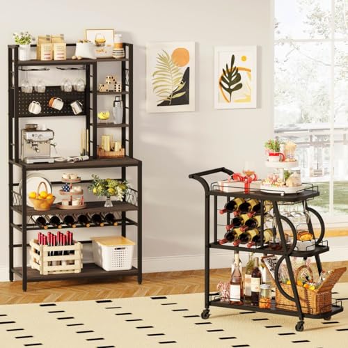 Aubtik Wine Rack Freestanding Floor, Liquor Bar Cabinet with Storage, Coffee Bar Table with Glass Holder，Bakers Stand for Home, 33.5" Wide (Walnut Brown)