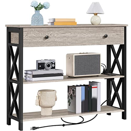 Yaheetech Console Table with Power Outlets and USB Ports, Wooden Entryway Table with Drawer and Open Shelves, Narrow Sofa Tables with Metal Frame for Living Room, Couch, Hallway, Grey Yaheetech