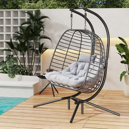 Double Hanging Egg Chair wth Stand, Patio Hammock Swing Chair with Cushion Loveseat for Bedroom, Balcony, Garden, Indoor, Outdoor - WoodArtSupply