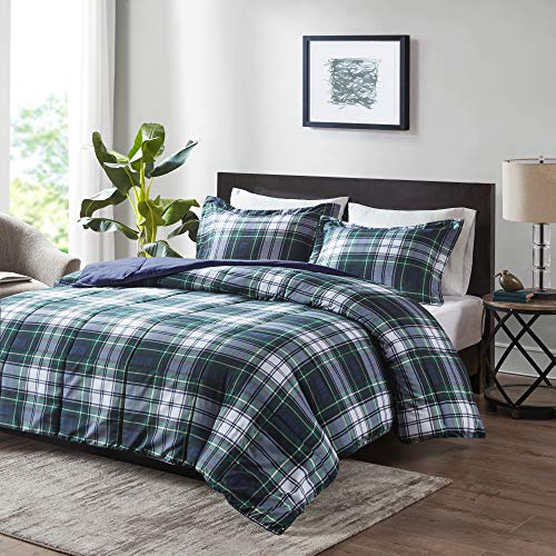 Madison Park Essentials Parkston Plaid Comforter, Matching Sham, 3M Scotchguard Stain Release Cover, Hypoallergenic All Season Bedding-Set, King/California King, Navy, 3 Piece Madison Park