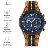 BOBO BIRD Men's Wooden Watch Sport Fashion Wristwatch Casual Chronograph Quartz Watches Men's Wood Stainless Steel Strap Watch with Date Display (Blue) BOBO BIRD