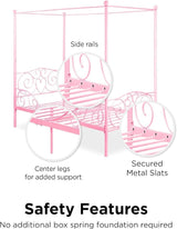 Twin Canopy Bed Frame for Girls, Pink Metal Princess Bed with Heart Design, No Box Spring Needed, Weight Capacity 225 lbs, Underbed Storage Space WoodArtSupply