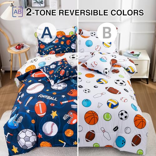 A Nice Night 6Pcs Bed in A Bag Full Sports Microfiber Modern Comforter Set,Navy Rugby Ball Printed Bedding Collections,for Boys Kids Teen A Nice Night