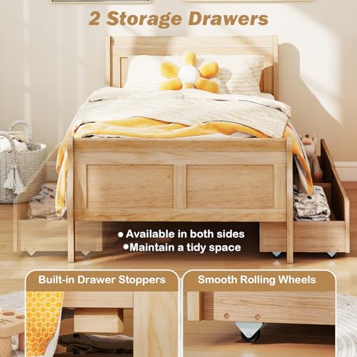 Giantex Twin Bed with 2 Storage Drawers, Wood Platform Bed with Headboard & Footboard, Wooden Slats Support Mattress Foundation, Twin Bed Frames for Kids Teens Adults, No Box Spring Needed (Natural) Giantex