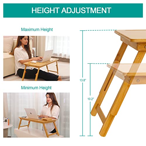 Laptop Desk for Bed, COIWAI Bamboo Lap Desk with Tablet Slot Adjustable Height Angle Foldable Storage Drawer Portable Tray Table Stand for Netebook Computer Breakfast Work Study Reading Writing Large COIWAI