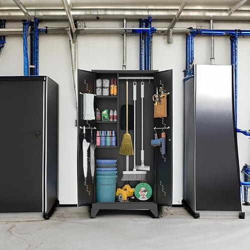 YILFANA 75" Metal Storage Cabinet with Lockable Doors, Functional Garage Storage Cabinets, Heavy-Duty Tool Organization Cabinet with Hanging Rod & S-Hooks (75" Utility Closet) YILFANA