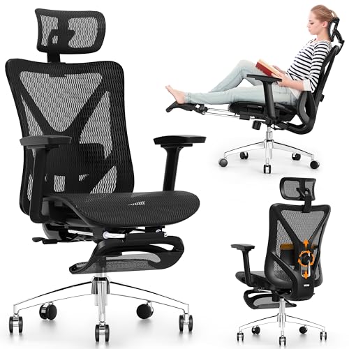 GABRYLLY Ergonomic Office Chair with Footrest, 135° Reclining Desk Chair with Adjustable Lumbar Support,3D Armrest,Headrest & Large Steel Base, 300LBS Heavy Duty Mesh Chair GABRYLLY