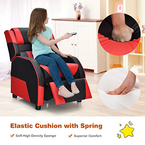 Costzon Kids Recliner, Gaming Recliner Chair w/Footrest, Headrest & Lumbar Support, Ergonomic Leather Lounge Chair for Living & Gaming Room, Adjustable Racing Style Sofa for Children Boys Girls, Red