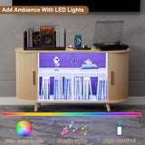 Hretanant Record Player Stand,55" Record Storage Cabinet with Charging Station&USB Ports,Mid Century Turntable Stand with Vinyl Storage&LED Lights,Holds up to 300+ Albums,for Living Room Bedroom,Oak Hretanant