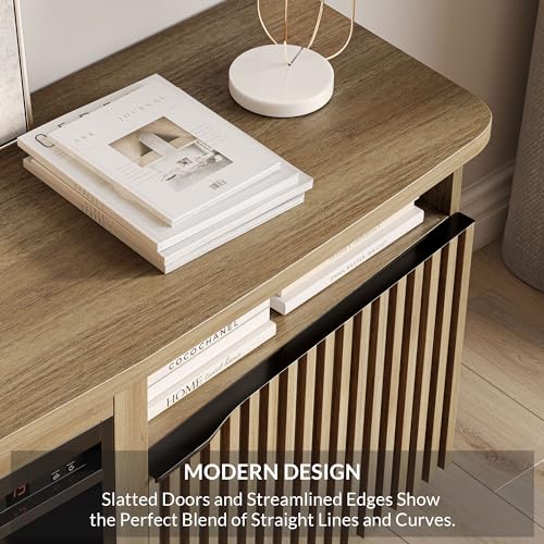 BELLEZE Fluted TV Stand with 23" Electric Fireplace Heater with Sound, 68" Entertainment Center for TV Up to 75", Media Console Table with Cable Management for Living Room, Bedroom - Camel BELLEZE