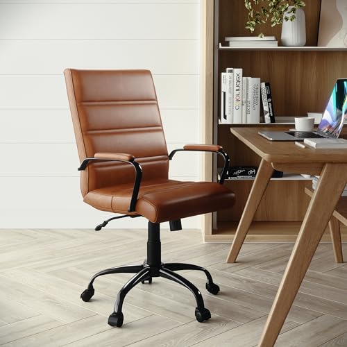Flash Furniture Whitney Mid-Back Desk Chair - Brown LeatherSoft Executive Swivel Office Chair with Black Frame - Swivel Arm Chair Flash Furniture