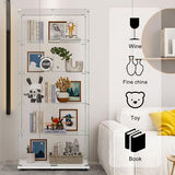 TRJQBCC 74" H Tempered Glass Display Cabinet with LED Lights, 5-Shelf Wooden Curio Storage Cabinet with Tempered Glass Top & Casters, 2 Door Lockable Display Case Bookshelf for Living Room(White) TRJQBCC