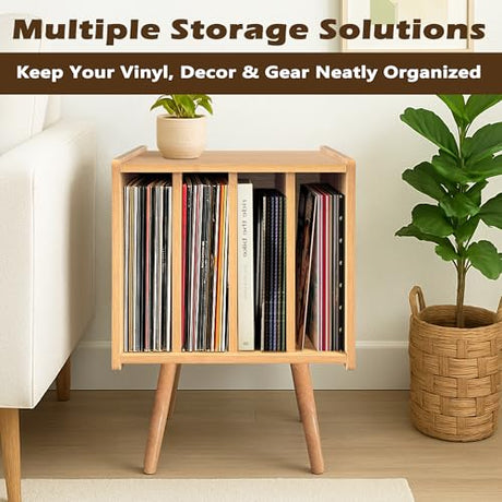 Record Player Stand, Vinyl Record Storage Table with 4 Cabinet, Mid Century Modern Turntable Stand, Organizer Vinyl Table for Bedroom Living Room, Oak Montex