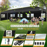 COBIZI 10x30 Pop Up Canopy Tent with Sidewalls - Party Outdoor Wedding Event for Parties - UPF 50+ Windproof Waterproof Gazebo with Air Vent, Wheeled Bag, Sandbag, Stake, Rope (Black) COBIZI