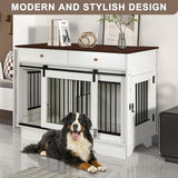 Dog Crate Furniture for 2 Dogs, Dog Kennel with 2 Storage Drawers & Divider, Large Double Dog Cage As TV Stand, Furniture Style Dog Crates with Sliding Barn Door (Brown & White) OUTDOOR DIAMOND