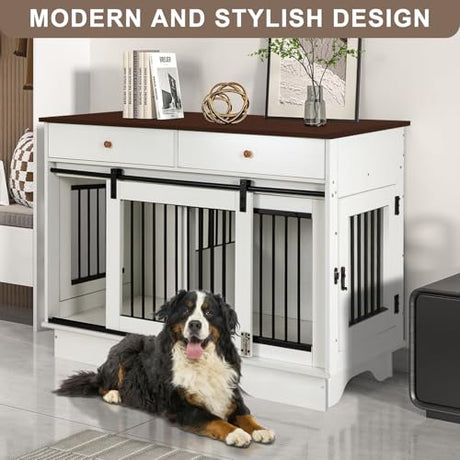 Dog Crate Furniture for 2 Dogs, Dog Kennel with 2 Storage Drawers & Divider, Large Double Dog Cage As TV Stand, Furniture Style Dog Crates with Sliding Barn Door (Brown & White) OUTDOOR DIAMOND