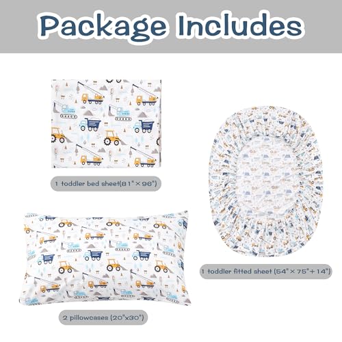 lasoftan Kids Sheet Set Full Size, Boys Full Sheet Set with White Car Pattern，Breathable Silky Soft Microfiber Kids Fitted Sheet lasoftan