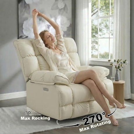 Govoya Oversized Pet-Friendly Leather Recliner Chair, Swivel Rocking Recliner Chair, Electric Adjustable Reclining, USB & Typle-C Charging Port, XXL Single Sofa for Living Room, Nursery, Cream White Govoya