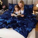 Caressma Star Comforter Teen Boy Girl Bedding Blue Galaxy Queen Size Microfiber Set 3 Pieces with Pillowcases for All Seasons Caressma