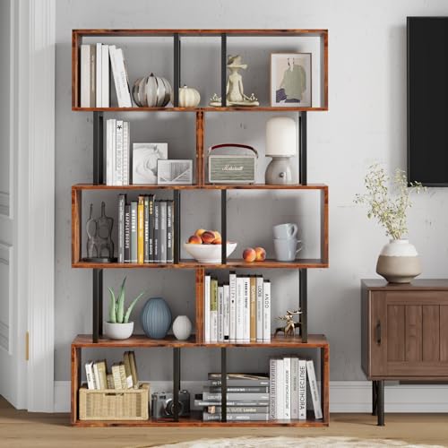 Furologee 6-Tier S-Shaped Geometric Bookshelf - Industrial Freestanding Display Unit in Rustic Brown - WoodArtSupply